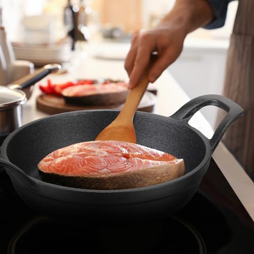 Sliner 4 Sets Mini Cast Iron Skillet Small Cast Iron Plates Skillet with Wooden Base Small Round Pan Fajita Plate Pot for Baking Cooking(7.9 Inches) by Sliner - Image 5
