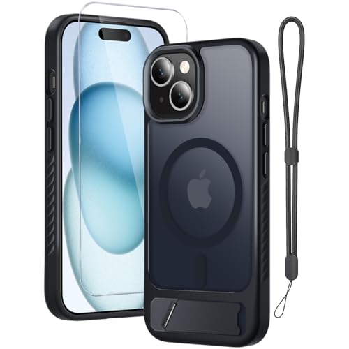 RMOCR for iPhone 15 Case & iPhone 14 Case with Screen Protector+Lanyard Wrist Strap Magnetic Translucent Matte Rugged Slim Phone Cover Built in Invisible Kickstand [Fit for MagSafe] Black