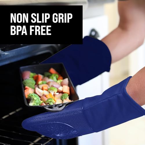 Image of BPA-Free Soft Silicone Oven Mitts - Ultra Heat Resistant Oven Mitts with Thick Cotton Liner - Long Slip Resistant Pot Holders, Flexible Oven Gloves - Royal Blue 13.7 inch