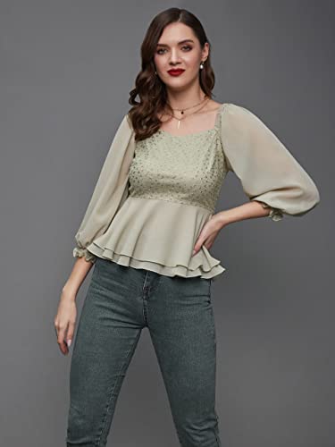 Image of Miss Chase Women's Round Neck Half Sleeves Cotton Lace and Pearl Detailing
