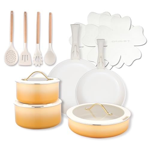 ONGIFT 20pcs Ceramic Cookware Set Nonstick, Detachable Handle Pots and Pans Set, Non Toxic,No PFAS & PTFE & PFOA, Dishwasher/Oven Safe, RV Kitchen Set Removable Handle for Cooking, Yellow