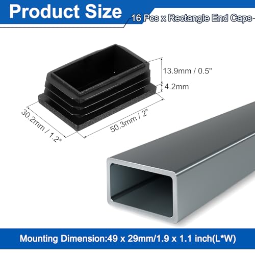 Image of uxcell 16 Pcs Rectangle Tubing End Caps 2 x 1 3 /16 Inch Plastic Hole Plugs Insert End Cap for Metal Tubing Post Chair Leg Table Bookshelves Furniture, Black