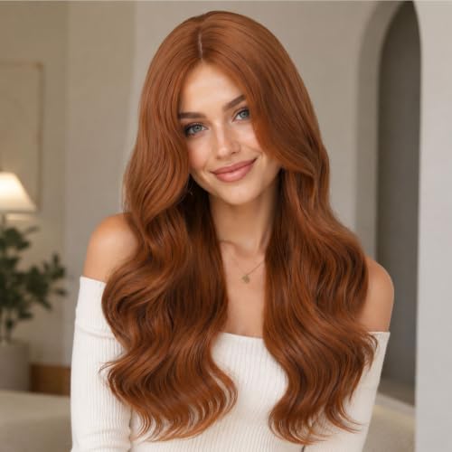 Barbique Ginger Synthetic Wig for Women, Long Wavy Middle Part Hair Natural Hairline, Heat Resistant Glueless Lace Wig, Adjustable Straps, Perfect for Work Party Daily Use Beginner Friendly