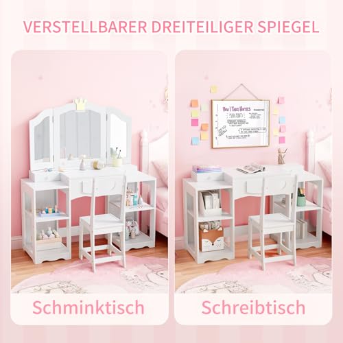 Bonnlo Schminktisch mit Hocker und Abnehmbarer Spiegel, Kindertisch mit Aufbewahrungsboxen und offenen Fächern, für Mädchen ab 3 Jahren, Weiß