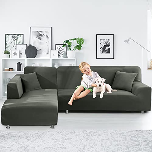 Durable Couch Covers For Sectional Sofa L Shape, La Meack Washable Slipcovers, 2Pcs Couch Covers Protector With 2Pcs Pillowcases For Dog Cat Pets Kids Children (3 Seat Sofa + 3 Seat Chaise, Pea Green) #TOP1