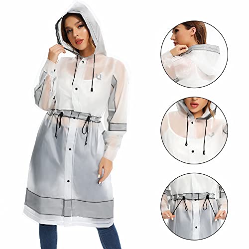 UNIQUEBELLA Raincoat Transparent Reusable Lightweight Waterproof Rain Poncho Women Belt Design Rain Mac (M, White+Grey)