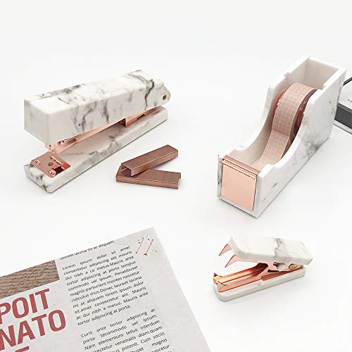 Marble Print Rose Gold Stapler Staples Remover Tape Dispenser Holder Set Office Desk Executive Manual Stationery Gift Kit for Desktop Accessories Supplies (Marble Print Rose Gold Tone)