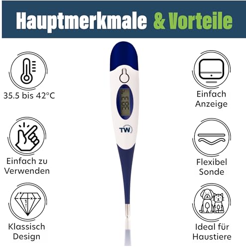 Digitales Haustierthermometer für Tierbesitzer von Hunden, Katzen, Pferd, Tierärzten, flexible Temperatursonde, inkl. Tierarzt-Diagramm