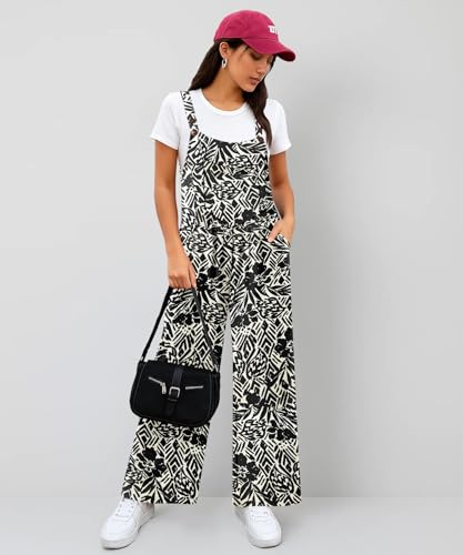 NILOUFO Women Summer Wide Leg Bib Overalls - Casual Loose Jumpsuits Baggy Rompers with Pockets Adjustable Strap(Black Flor-White, Large) — view 2
