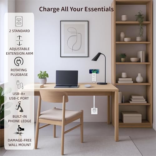 Extensión eléctrica PULOSYI con 2 tomas, puertos USB-A y USB-C, cable retráctil de 22 a 27 pulgadas y enchufe rotativo 180° miniatura 3