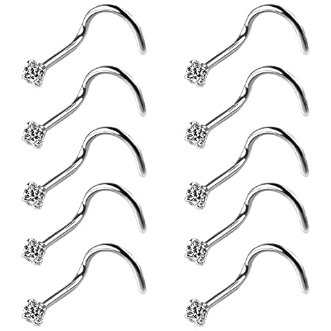 Zea 10 Piezas 20G Piercing de Nariz de Acero Inoxidable con Zirconia Cúbica Forma de Tornillo Curvado Cover