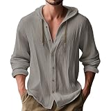 MakingDa Camisa con capucha para hombre, de manga larga, ligera, de algodón, con botones, para la playa, gris, L