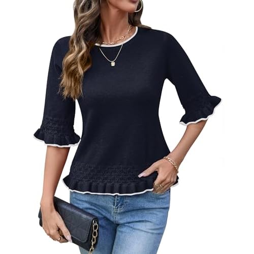 AKEWEI Womens 3/4 Sleeve Pullover Sweater Crewneck Knit Peplum Tops Lightweight Casual Going Out Outfits