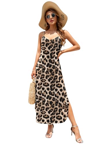 Image of HUSKARY Women's Summer Casual Sleeveless V Neck Strappy Split Loose Dress Beach Cover Up Long Cami Maxi Dresses with Pocket