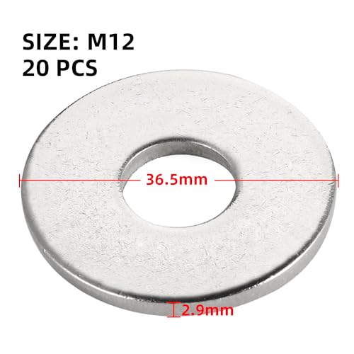 20 PCS M12 Stainless Flat Washers, 36.5mm Outer Diameter, 18-8 (304) Stainless Steel Metal Washers for Screws and Bolts