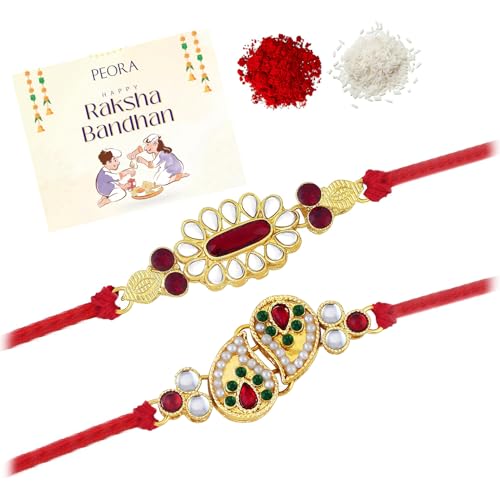 Image of Peora Rakhshabandhan Thread Rakhi for Brother Bhaiya | Kundan Beads & Crystal Studded | Combo Set of 2 | Rakhi Hamper Roli Chawal & Greeting Card
