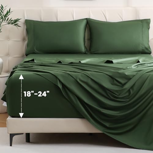 Bedlifes Queen Sheet Set, Extra Deep Pocket 18-24 Inches,1000Thread Count 100% Egyptian Cotton, Soft and Breathable Sateen 4-Piece,Forest Green
