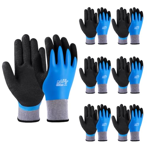 flintronic Gants de Travail 6 Paires, Polyvalent Gants de Jardinage, Revêtement Latex Double 100% Étanche, Excellente Adhérence, Résistant à l'Usure et à la Déchirure, Confortable et Respirant, M