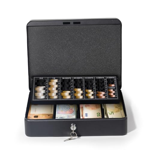GREELUE Geldkassette mit münzzählbrett, 30x24x9 CM, Kasse Abschließbar, Cash Box Groß, Spardose, Geld organizer (Schwarz-30cm)