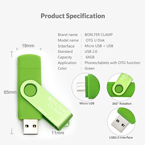 Image of BorlterClamp 64GB USB Flash Drive Dual Port Memory Stick, OTG Thumb Drive with Micro USB Drive Port for Android Smartphone Tablet & Computer (Green)