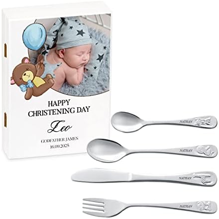 MAVERTON Kids Silverware in a Wooden Box  Personalised Animals Cutlery Set  Stainless Steel Engraved Utensil Set  for Boys - Animals