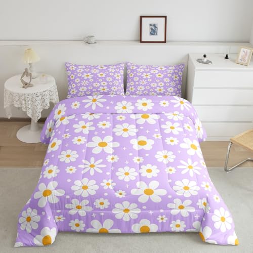 Image of Daisy Flower Groovy Comforter Set Queen Size Kids Boys Girls Bedding | Retro Boho Breathable Soft Lightweight Duvet Set Quilt Set Bedroom Decor Microfiber 3Pcs Light Purple Warm Cozy All Season