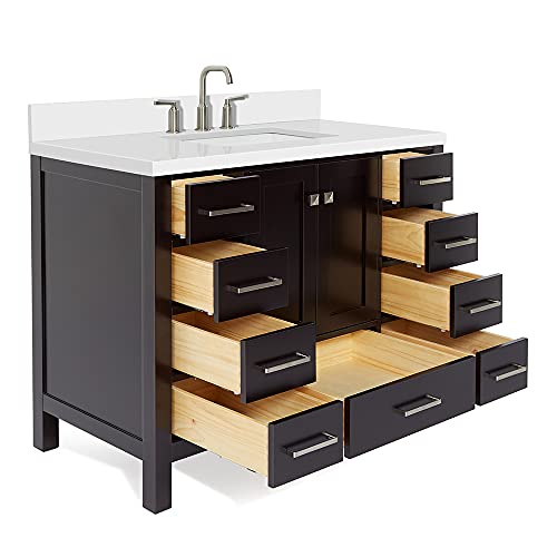 Ariel 43" Inch Espresso Bathroom Vanity W/ 1.5" Inch Edge Pure White Quartz Countertop & Backsplash | Rectangular Sink | 2 Soft Closing Doors And 9 Full Extension Dovetail Drawers | Satin Nickel Pulls #TOP4