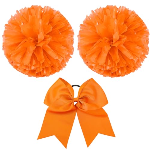 Hanaive 3 Pcs Cheerleading Pom Poms and Large Cheerleader Hair Bow Metallic Cheer supplies for Team Spirit Sports Dance Cheering(Orange Matte)