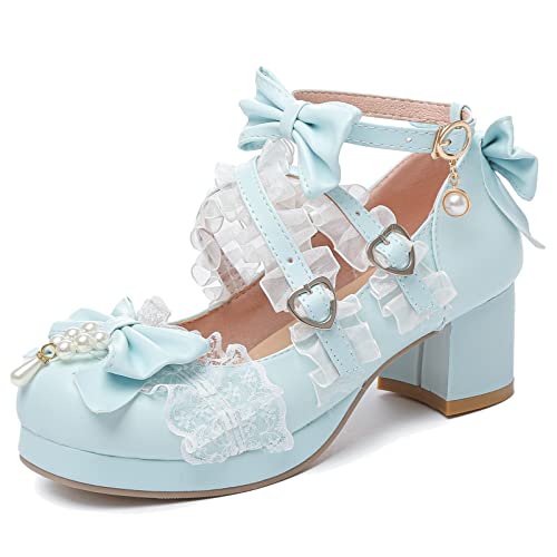 LUXMAX Women's Kawaii Shoes Cross Strap Pumps Cute Ankle Strap Mary Jane Shoes Wedding Lace Mid Chunky Heel Pumps, Size 7 M US,Blue by LUXMAX - Used condition - US$37.72