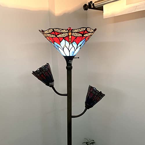 Bieye L10837 Dragonfly Tiffany Style Stained Glass 3-Light Torchiere Floor Lamp With Adjustable Reading Lights For Living Room, 70-Inches Tall (Dragonfly, Red Blue) #TOP3