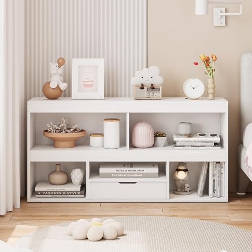 ElfinAura White Cube Storage Organizer 5 Cubby Kids Bookcase with Drawer 2 Tier Toy Storage Organizer Horizontal Bookshelf for Toddler Playroom Furniture for Children\'s Room, Playroom, Nursery, White