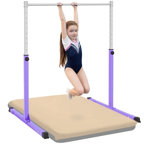 Jivifao Gymnastics Bar with Self-Inflating Mat, 3' to 5' Adjustable Height, Gymnastic Kip Bar Horizontal Bar for Kids Ages 3-15, Anti-Slip and Easy to Assemble, Home Gym Equipment Indoor