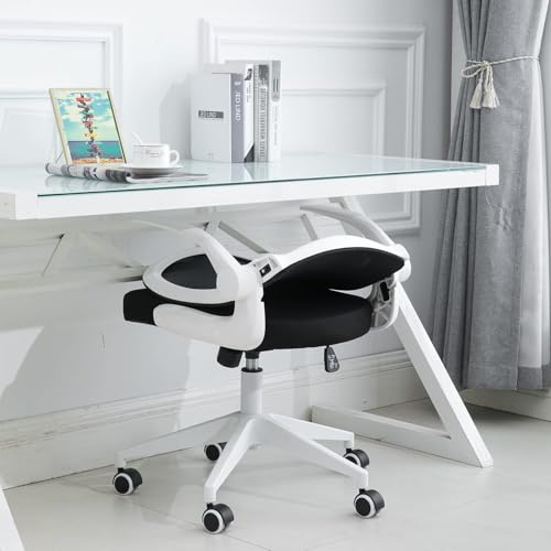IPKIG Foldable Office Chair - Home Office Desk Chairs with Wheels and Flip-Up Arms - Ergonomic Backrest Mesh Computer Chair Adjustable Swivel Rolling Home Executive (White)