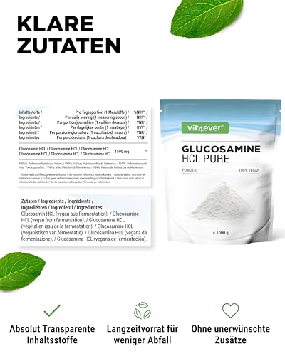 vit4ever Glucosamin HCL Pure - 1000 g (1 kg) reines Pulver ohne Zusätze - Aus pflanzlicher Fermentation - Laborgeprüft - Vegan - Hochdosiert - Premium Qualität