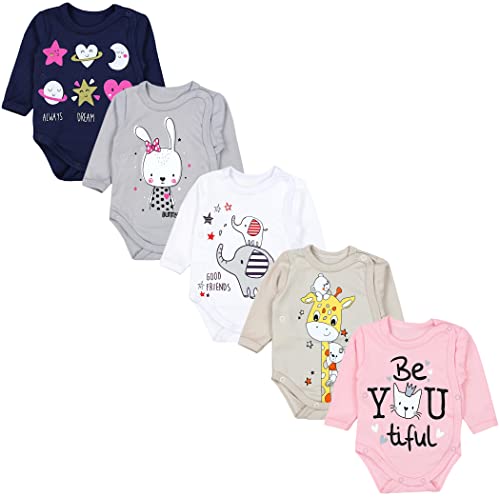TupTam Body para Bebé de Manga Larga 5 Pack, Elefante / Conejo / Jirafa / Gris / Blanco / Albaricoque, 62 Cover