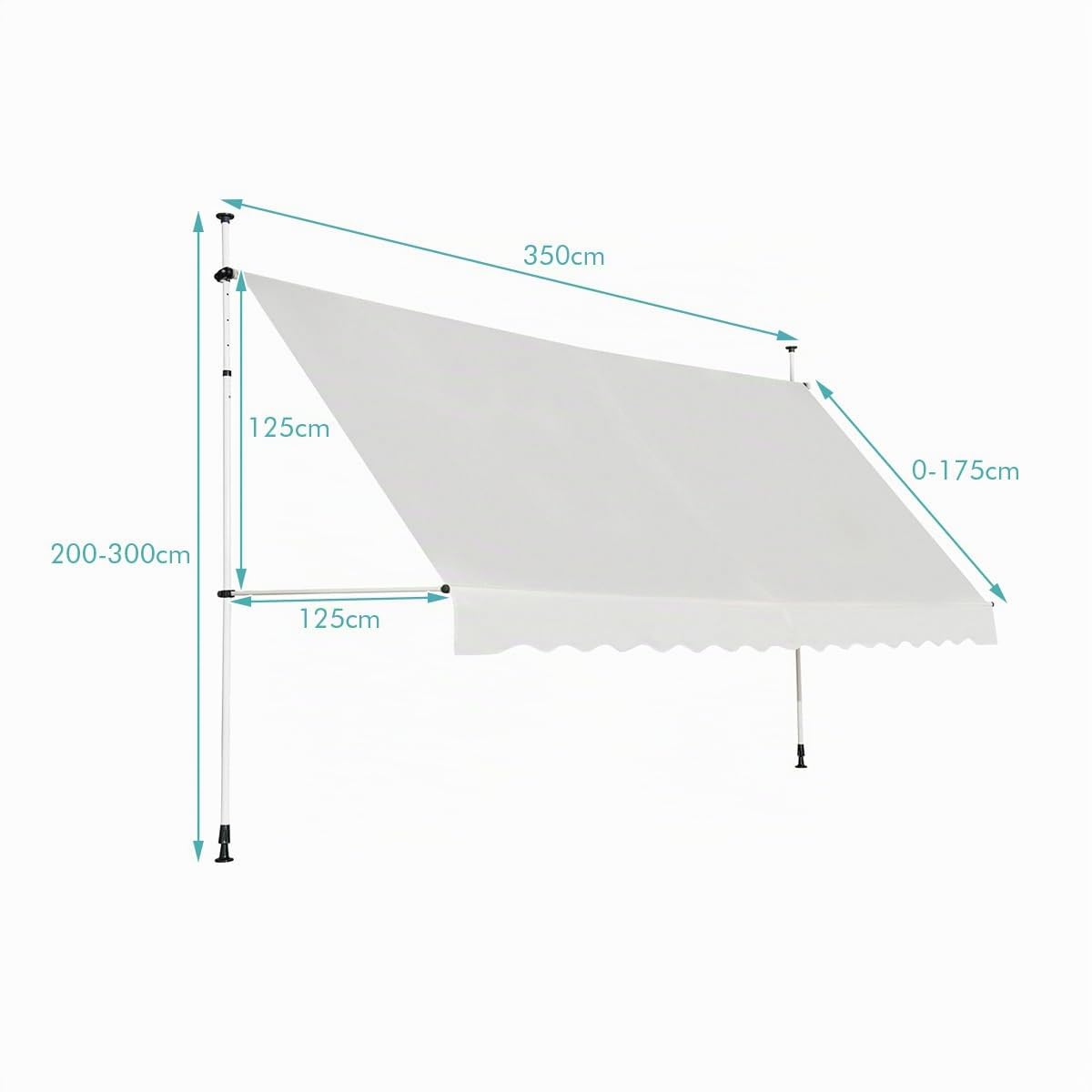 COSTWAY Store Banne Manuel Rétractable de 3,5 x 1,25M avec Manivelle Hauteur Réglable 200-300CM, Auvent de Terrasse en Aluminium Tissu Oxford Imperméable Anti UV, pour Blacon et Porte (Beige)