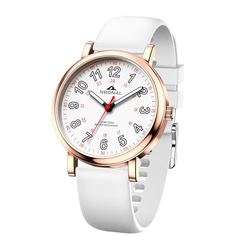 NBONAL Nurse Watch for Medical Doctor Professionals Student Easy Read Dial with Luminous 24 Hours Red Second Soft Silicone Band 30M Waterproof (NB-231RG-WT)