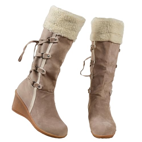 GUNIYIFS Womens Winter Snow Boots Wedge The Knee Thigh Faux Fur Lined Warm Boots Comfortable Fringe Back Lace-Up High Boots