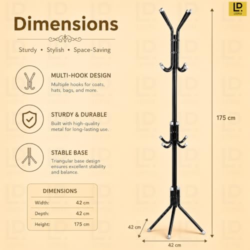 Image of LEOPAX Metal Coat Rack Stand with 12 Hooks, Freestanding Tree Shape Coat Hanger for Clothes, Hats, Bags, Towels & Umbrella, Heavy Duty Floor Standing Clothes Rack for Bedroom & Entryway, Black
