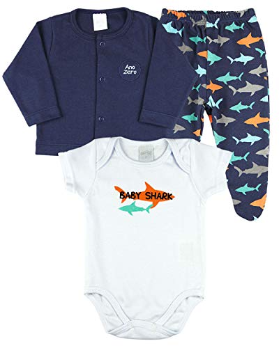 Conjunto Bebê Menino Suedine Estampado e Liso 3 Peças Tubarões Baby Shark - Marinho G