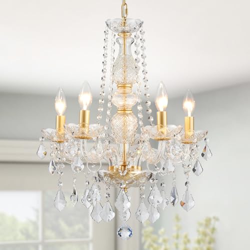 WUZUPS Crystal 5-Light Candle Chandelier Pendant Flushmount Ceiling Light Modern Lighting Fixture for Bedroom Hallway Bar Kitchen Bathroom, H 63.5cm x W 50.8cm, Gold, E14 Base