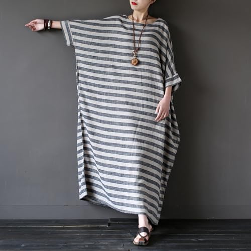 Image of LUZU JUNU Women Cotton Linen Caftan Robe Striped Casual Loose Bat Sleeve Long Maxi Dress