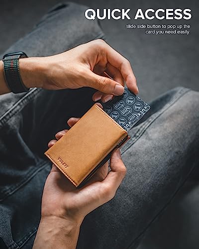 Image of VULKIT Card Holder Wallet with Coin Pocket Magnetic Closure Pop Up Cards With ID Window Leather Wallet for Cash & Credit Cards, Saddle Tan, Medium, Contemporary