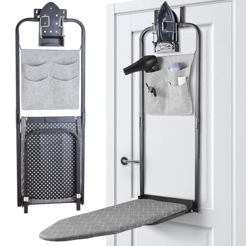 Seiritex Over the Door Ironing Board 14x42 inches with Iron Holder and Pocket Storage Bag Hanging Iron Board for Home Laundry Room Black