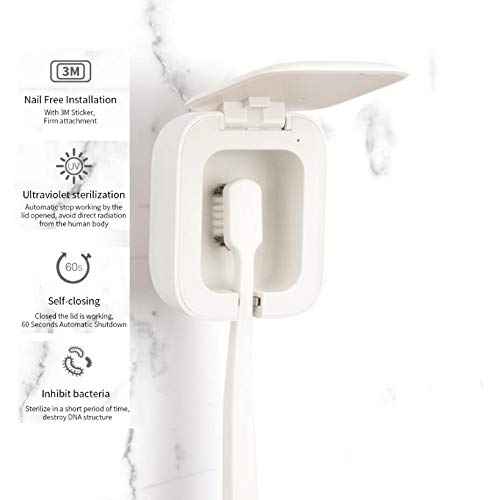 La roskey UV Toothbrush Sanitizer - Portable Toothbrush Holder Case Wall Mount or Countertop for Travel and Home, USB Rechargeable Toothbrush Cleaner Organizer with Ultraviolet Light (Single+White)