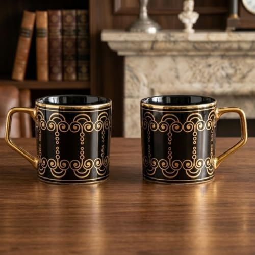 Image of Clay Craft Premium Ceramic Tea & Coffee Cups Set of 6 - Black & Gold Printed Designer Mugs with Golden Handle | Elegant Luxury Pattern | Ideal for Home, Office & Gifting