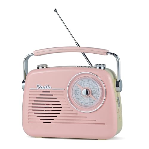 Portable Radio AM FM Shortwave Vintage Radio, Great Reception Receiver Bluetooth Speaker Plug in Wall, Support USB Drive/TF Card, Good Sound for Family or Friend for Home/Outdoor/Kitchen (Pink)