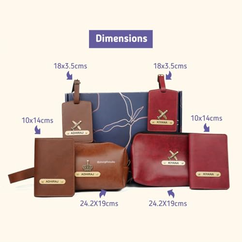 Image of Your Gift Studio Customized Leather Travel Pouch Kit Combo for Couple | Personalized Toiletry Bag, Passport Cover, and Luggage Tag with Name & Charm (Wine)