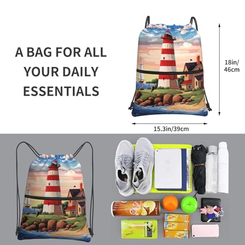 Drawstring Backpack Waterproof Draw String Bag Gym Drawstring Bags Coastal Lighthouse Swim Bag for Men Women3