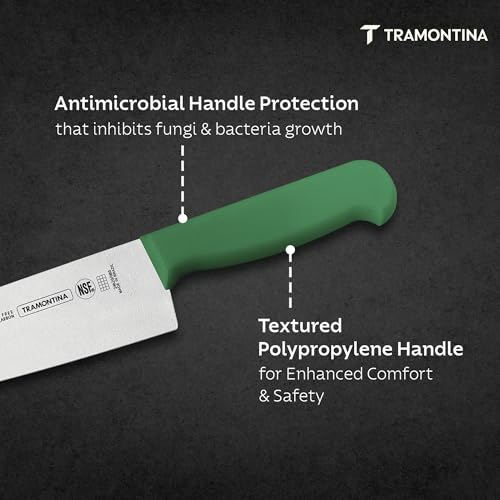 Image of TRAMONTINA Professional Chef Knife 20 cm | Sub-Zero Treated Stainless Steel Blade | Antimicrobial Polypropylene Handle | Heavy-Duty Meat Cutting & Butcher Knife | Green
